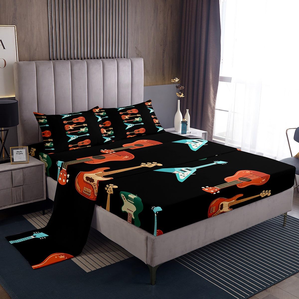 Erosebridal Guitar King Bed Sheets Set Music Theme Sheet Set for Kids Boys Girls Music Equipment Sheets Black Flat Fitted Sheet 4 Pcs Bedroom Decor