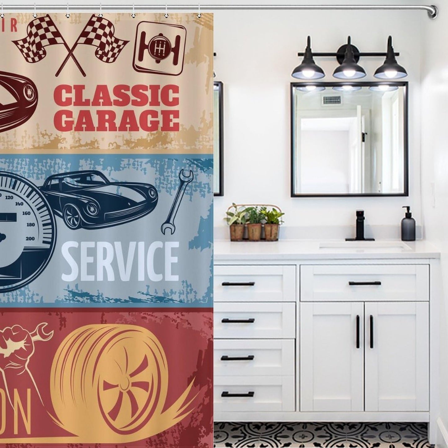 ICMOLYYENLO Race Car Themed Shower Curtains Home Decor, Checkered Flag Print Bath Curtain,Red Stripes Geometric Grid Plaid Cloth Waterproof Fabric Bath Room Decor Set with Hooks, 66x72 Inch