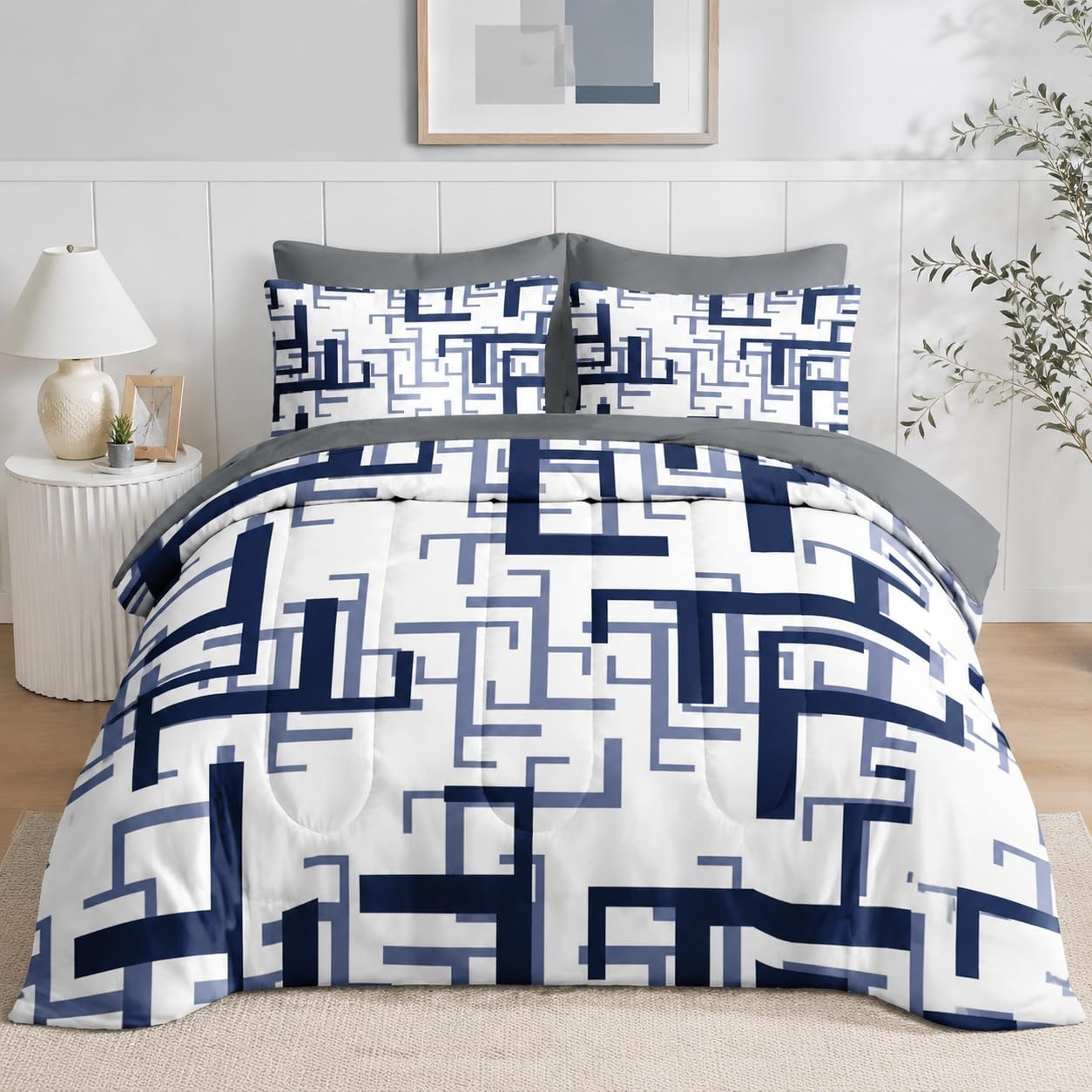 Nesker Comforter Set King Size, Navy Blue Maze 7 Pcs Bedding for Kids and Adults, Lines Geometric Bed Sheet Sets with Fitted Sheet 2 Pillowcases & 2 Shams