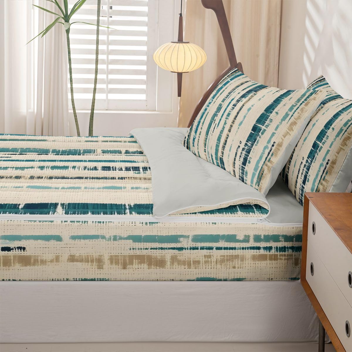 Feelyou Textured Coastal Stripe Zipper Bedding Queen Abstract Teal Ombre Bedding Sets for Kids Boys Girls Modern Comforter Set with Fitted Sheet 2 Pillowcases One Zipper Bed Set for All Seasons