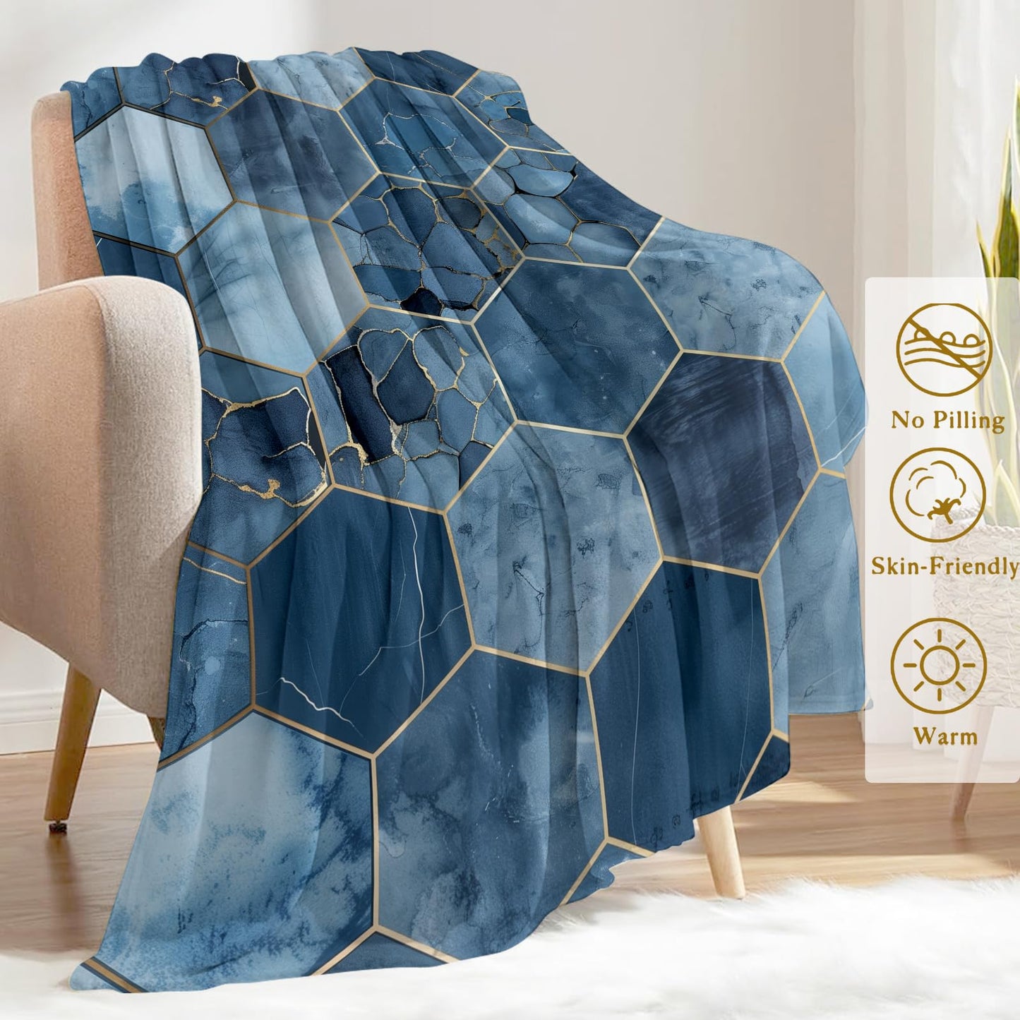 ainori Luxurious Blue Hexagon Throw Blanket 50x60 in, Elegant Blue Gold Blankets for Couch Bedroom Living Room Indoor Decor, Lightweight Soft Cozy Bedding Birthday Gift for Kids Boys Adults