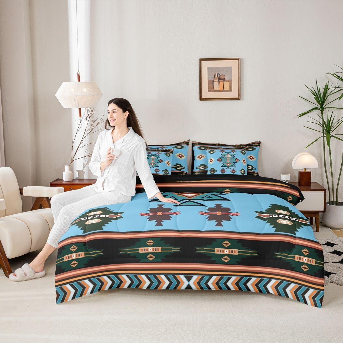 Erosebridal Western Comforter Set 7-Piece Bed in a Bag Twin | Southwest Native Geometric Bedding Sets Exotic Nordic Style Aztec Comforter and Sheet Set, Sriped Diamond Triangle Room Decor,Cyan