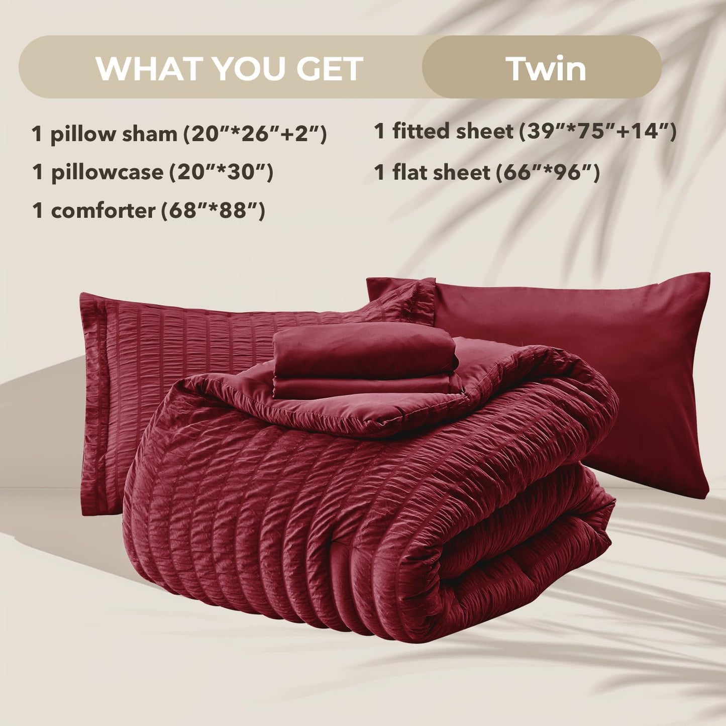 HYMOKEGE Burgundy Twin Comforter Set Seersucker 5 Pieces, All Season Luxury Bed in a Bag for Bedroom, Bedding Set with Comforters, Sheets, Pillowcase & Sham