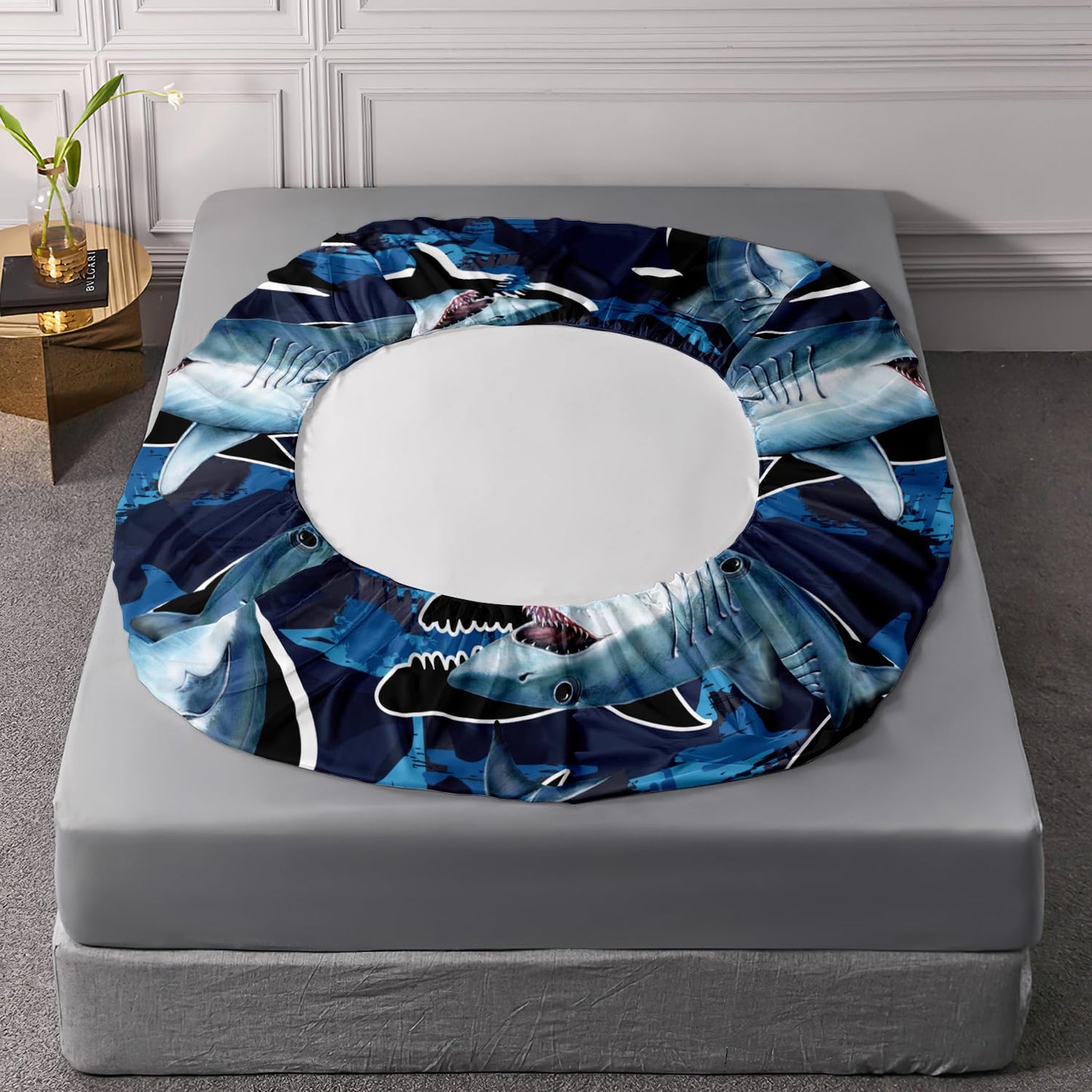 HOSIMA Blue Shark Fitted Sheet Set for Adults Kids,Cartoon Shark Pattern Bedding Set Full Size,Blue Ocean Animal Themed Fitted Sheet Set for Boys Room Decor,1 Fitted Sheet+2 Pillowcases.