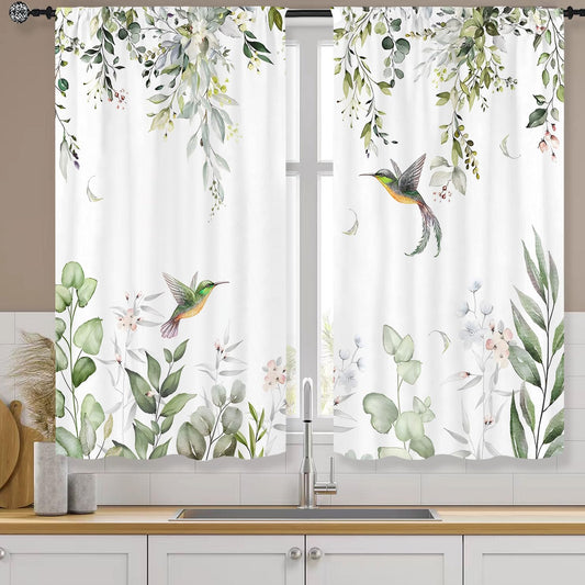 Famiffty Eucalyptus Green Leaves Kitchen Curtain Rod Pocket 27.5W X 39L Inch 2 Panel Sage Green Leaf Watercolor Floral Hummingbird Small Short Cafe Tier Curtain Plant Window Drape Treatment Home Decor