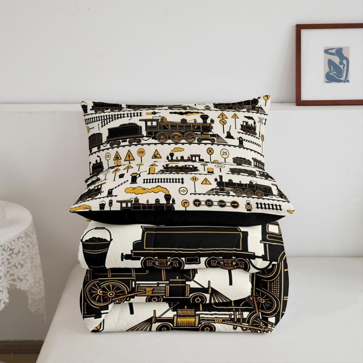 Erosebridal Cartoon Steam Train Kids Comforter Sets Funny Train Full Bedding Set for Boys Girls Retro Transport Vehicle Comforter Set Steampunk Railway Aesthetic Quilt Duvet 3 Pcs