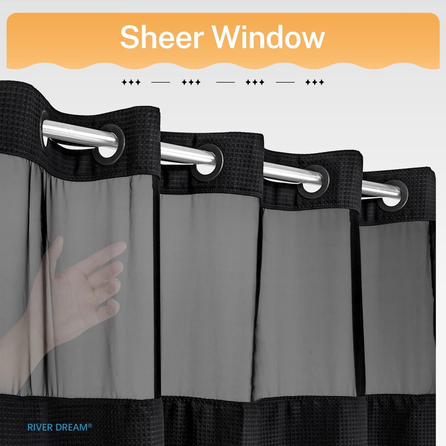 River Dream Black Shower Curain No Hooks Dotted Waffle Weave Shower Curtain with Snap in Liner - 71W x 74H,Hotel Grade,Spa Like Bath Curtain Set