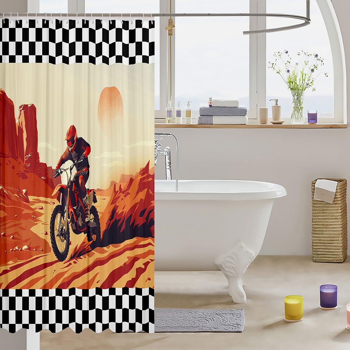 Feelyou Kids Dirt Bike Bathroom Shower Curtain Set Extreme Sports Bath Curtain Boys Girls for Racing Motocross Rider Shower Curtain Motorcycle Teens Bathroom Accessories Bedroom Decor 72"x72"