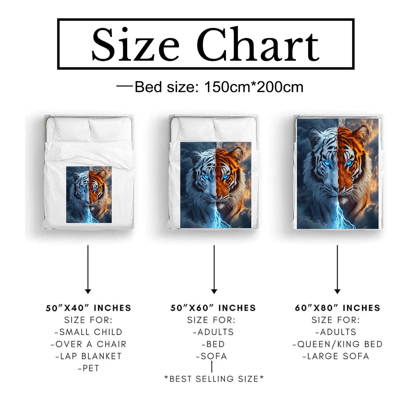 Bidesk Whimsical Tiger Blanket Soft Cozy Flannel Throw Blanket, Warm Yet Lightweight Half White, Half Orange Tigers Blankets for Travel, Couch, Bed, for Adults Women Men, Outdoor Comfort Wrap 60"×50"