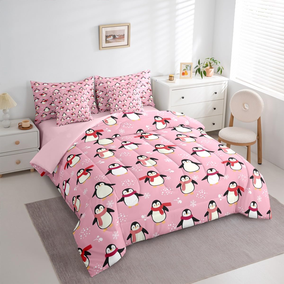 Erosebridal Cartoon Penguin Twin Size Comforter Set, Kawaii 7-Piece Bed in A Bag, Antarctic Animal Sheets and Pillowcases, Cute Winter Theme Bedding Set Room Decor