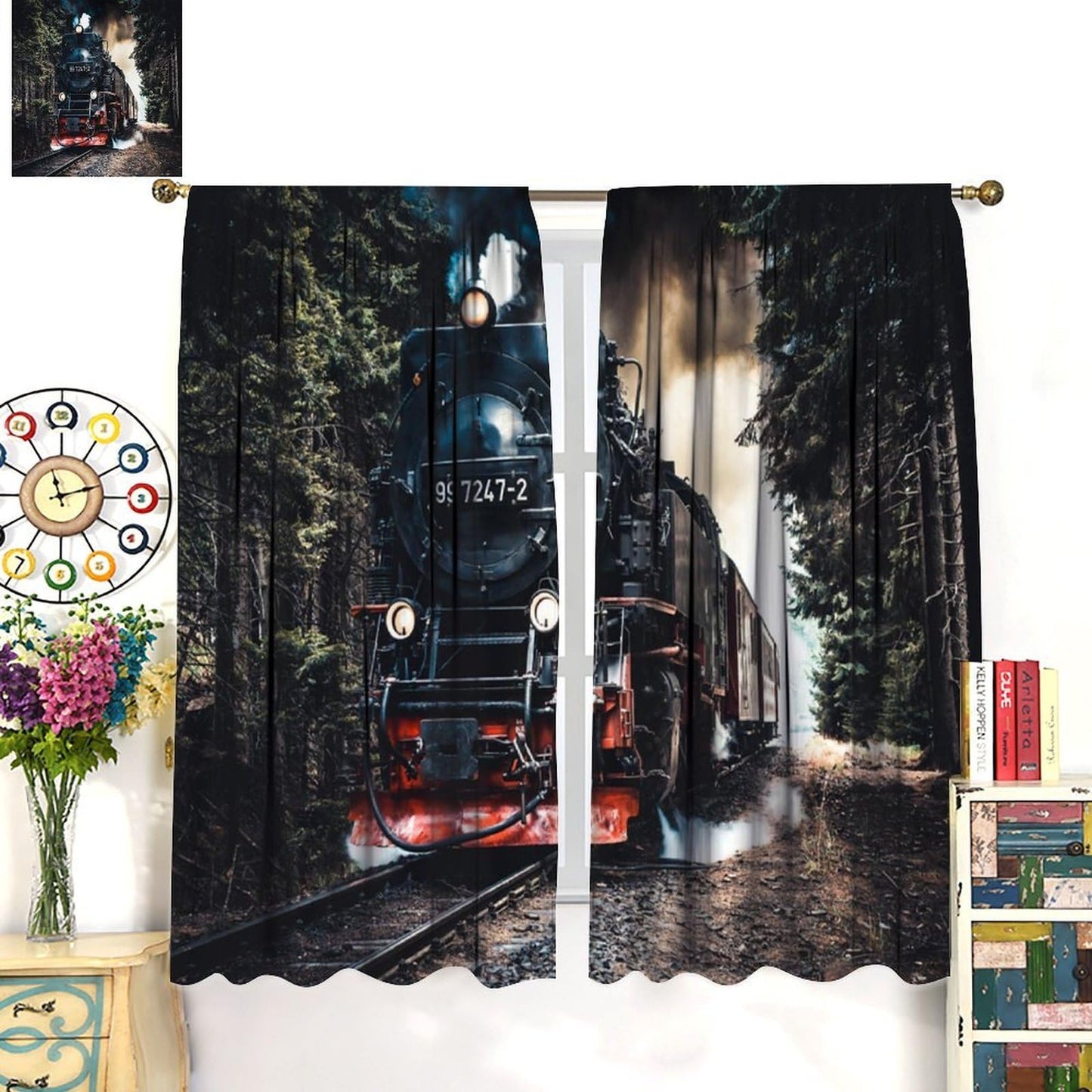 Train Curtains, Retro Country Forest Steam Train Pattern Drapes for Bedroom Living Room Kitchen Window Treatment 2 Panels Set Total Size 42" W X 45" L Inch