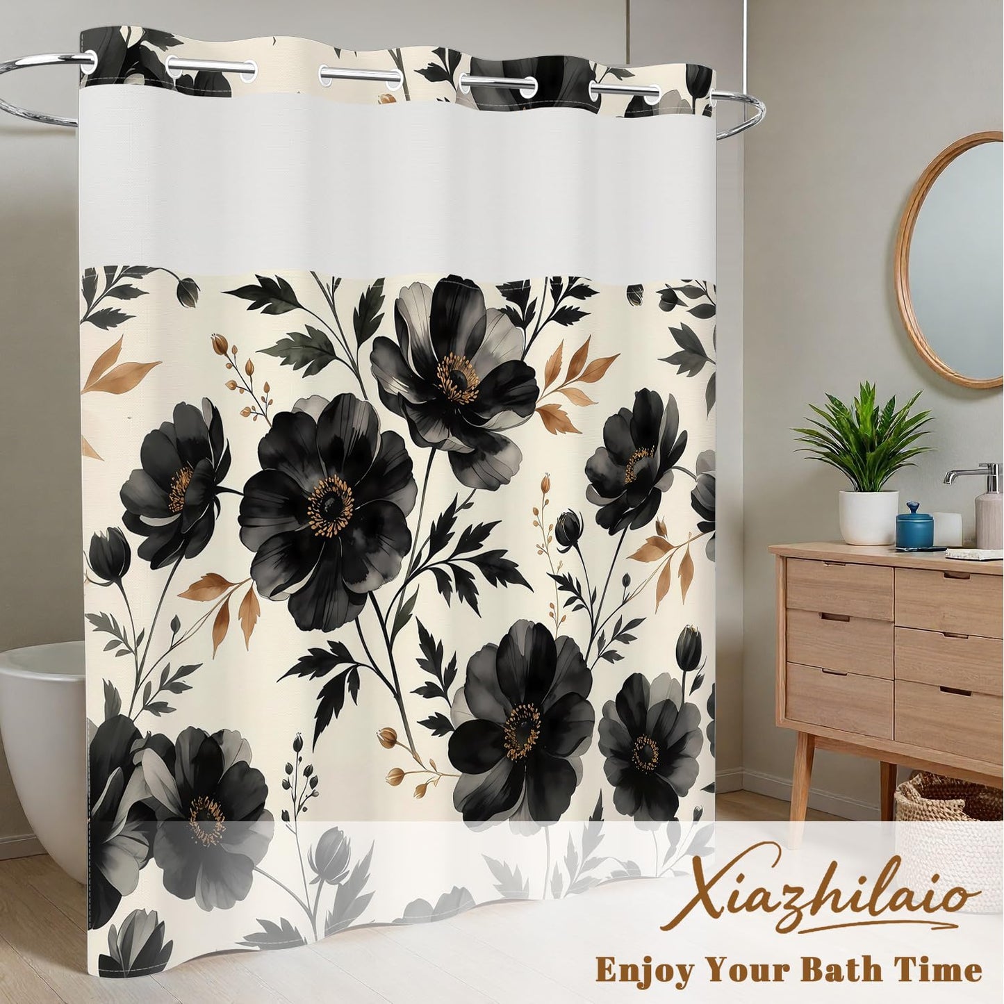 Xiazhilaio Black Floral Shower Curtain with Snap in Liner, 71x74 Inch