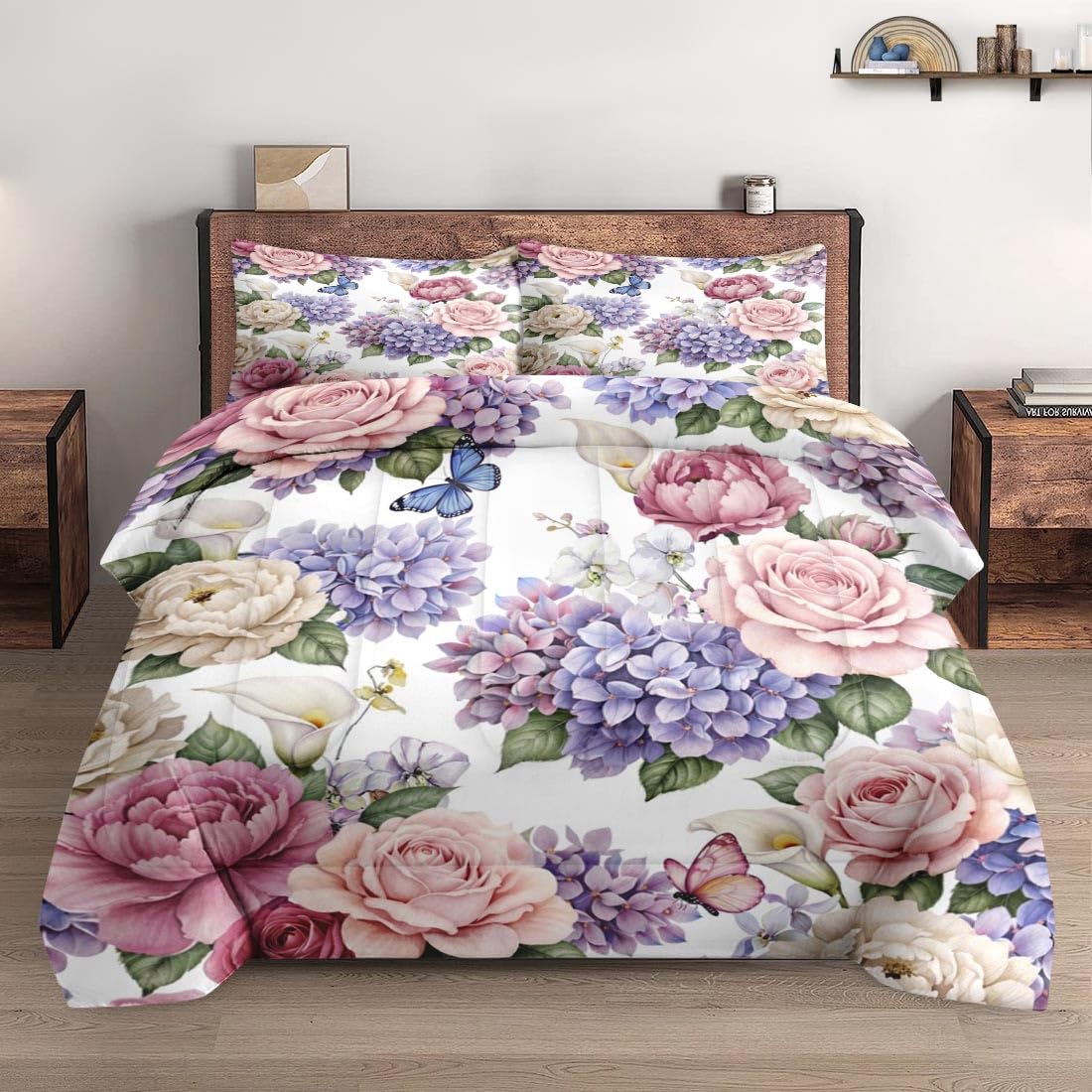 WeCozy Twin Size Comforter Set with Pillowcase, Painting Floral Rose Flower Hydrangea Soft 2 Pcs Bedding for Kids and Adults Bedroom Bed Decor