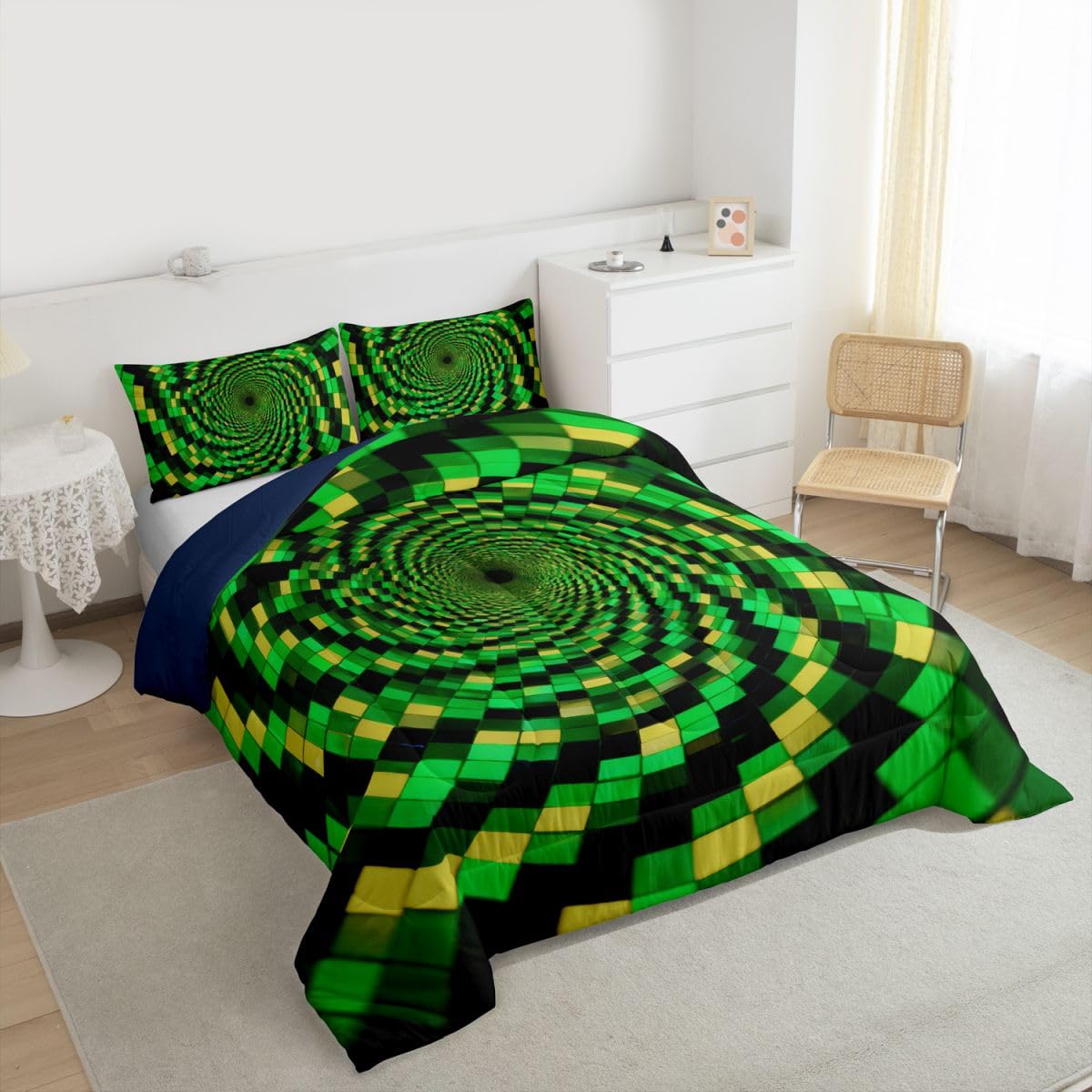 Erosebridal Geometric Grid Patchwork Comforter Set King Abstract Green Plaid Bedding Set Square Print Comforter for Kids Boys Girls,Modern Art Quilt Duvet