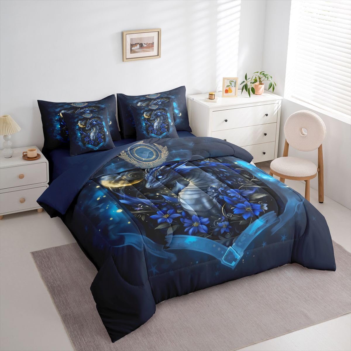 Feelyou Dragon Twin Comforter Set with Sheets for Kids Boys Girls Wild Life 7 Pieces Bedding Set Jungle Dragon Bed in a Bag Wild Animal Room Decor Dull Blue Soft Lightweight Microfiber
