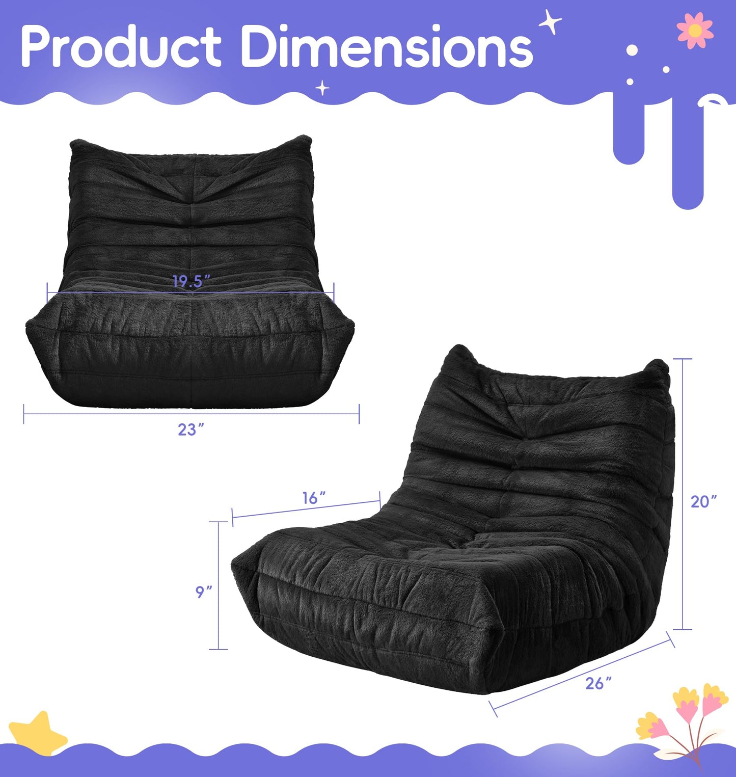 Hobestluk Bean Bag Chair for Kids Toddler Bean Bag Chair with Memory Foam Filler Beanbag with Spacious Design Bean Bag Couch for Reading Gaming Relaxing (Black, Small)