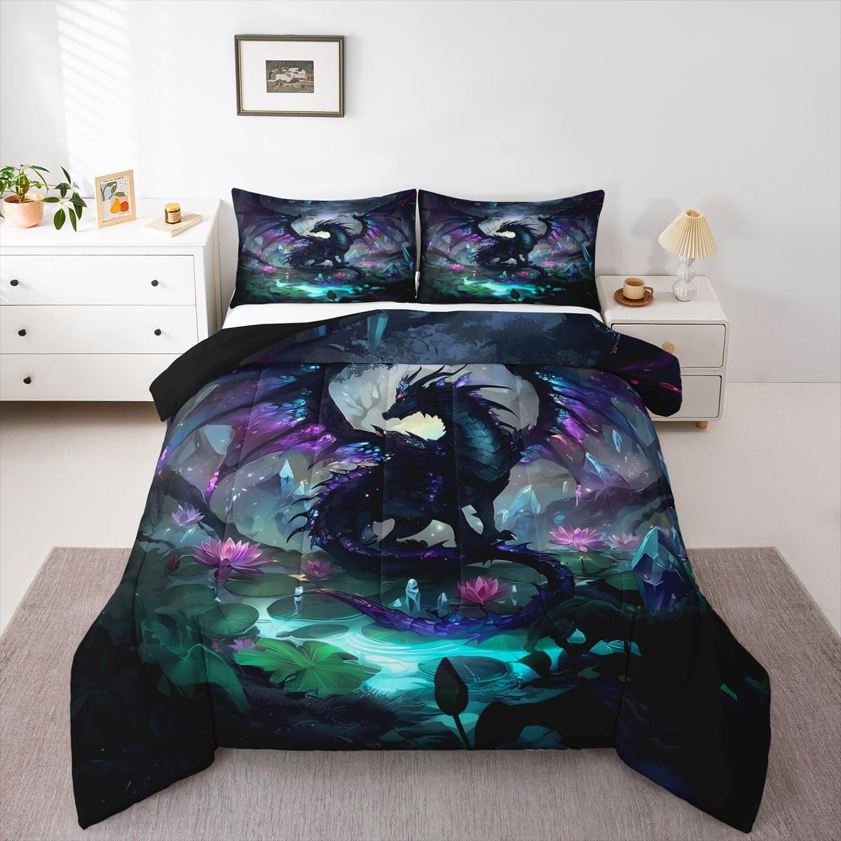 Feelyou Dragon Comforter Set Twin Size Dragon Stuff Bedding Set for Kids Boys Girls Wild Life Duvet Quilt Magic Wildlife Bedroom Decor Black Purplish 2 Pcs with 1 Pillow Cases