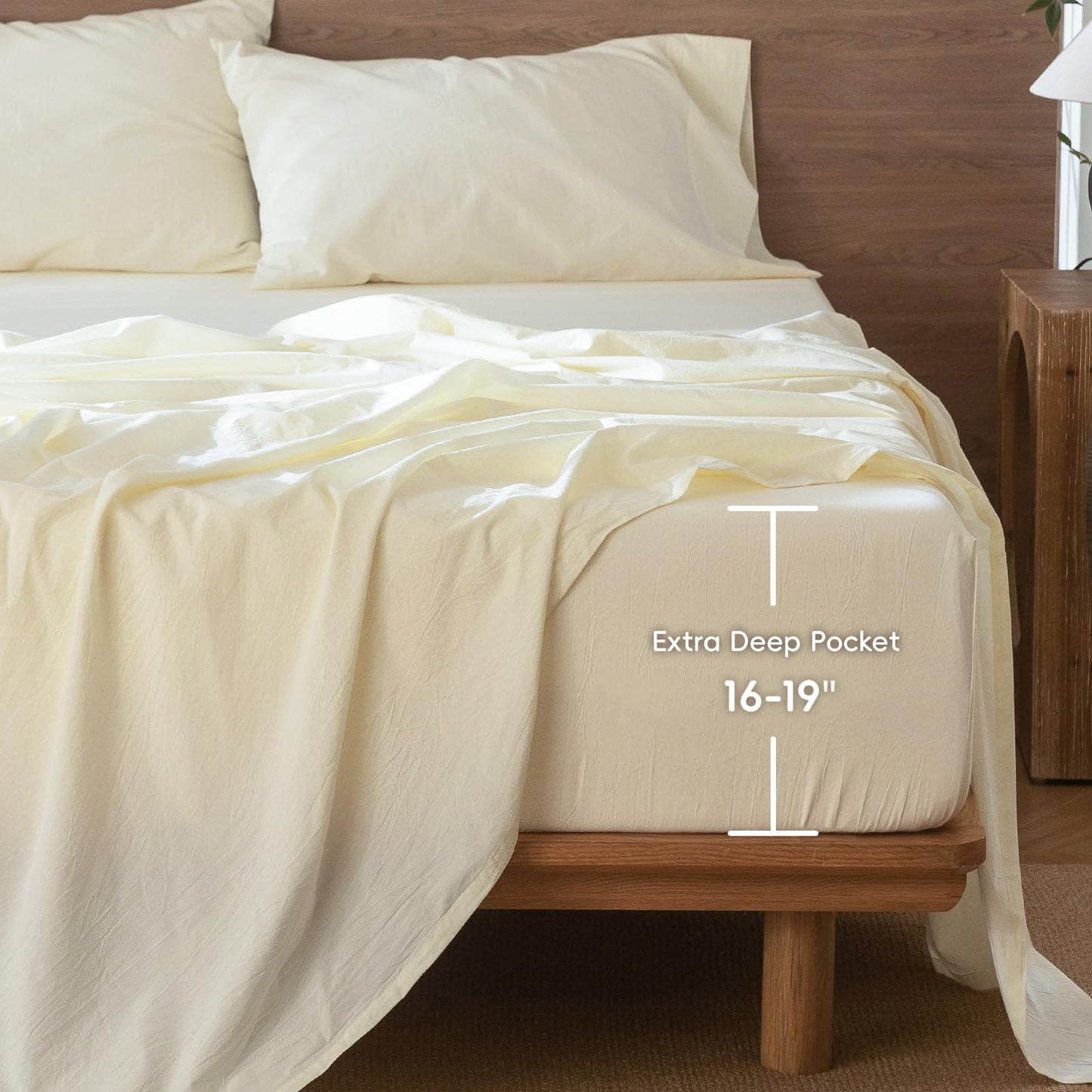 MooMee Fitted Bottom Sheet Only 100% Washed Cotton Linen Like Textured Breathable Durable Soft Comfy Deep Pocket Fits Mattress up to 17" (Cream White, King
