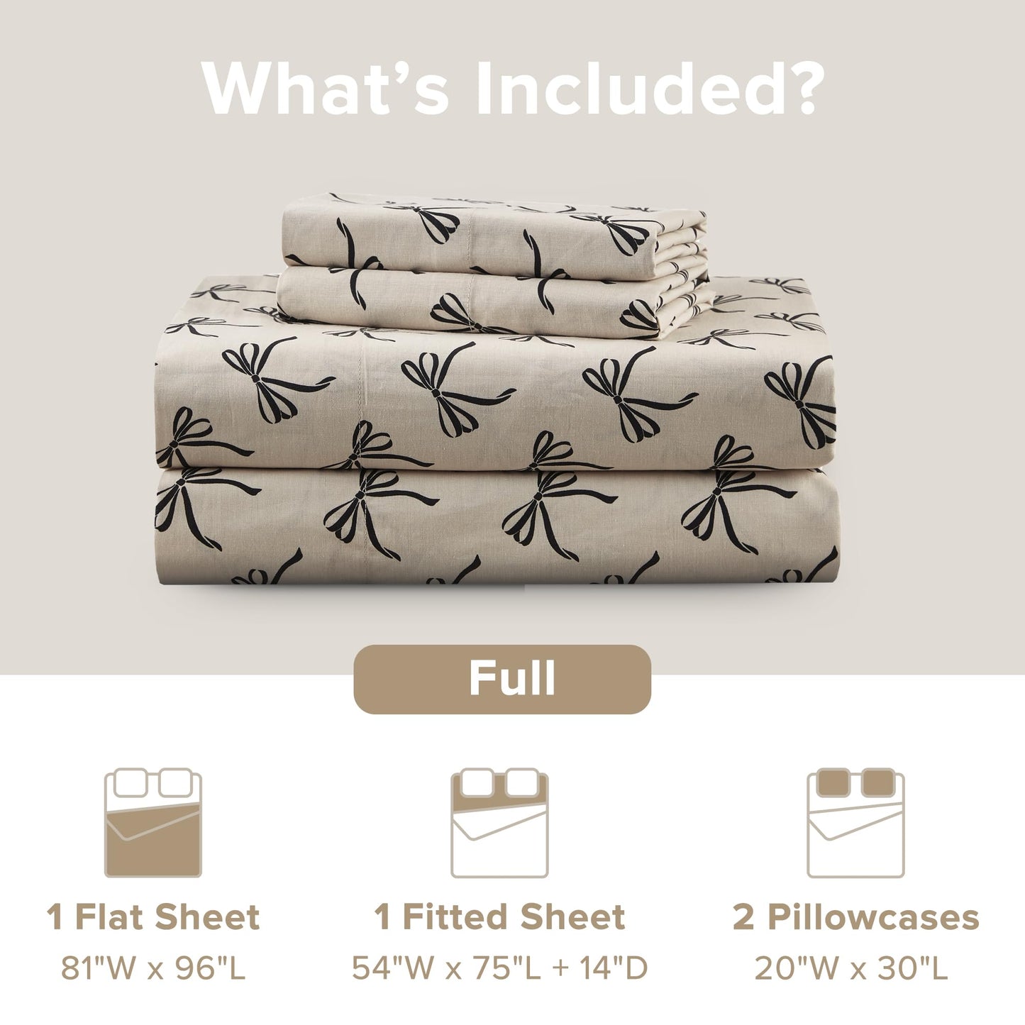 Comfort Spaces 100% Cotton Sheets Full, Breathable, Naturally Cool Cotton Sheets, Soft Cotton Bed Sheets with 14" Elastic Pocket Fits up to 16" Mattress, All Seasons Sheet Set, Bow Black/Taupe 4 Piece