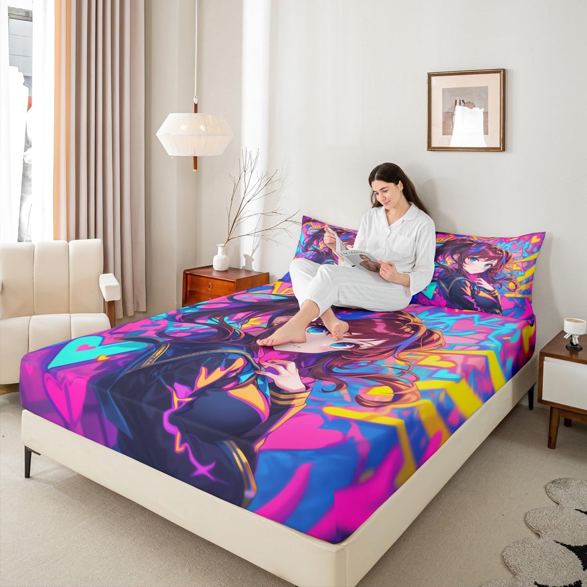 Erosebridal Anime Girl Queen Fitted Sheet, Japanese Anime Bed Sheets for Kids Girls Teens Adult Bedroom, Cartoon Girl Bedding Set Kawaii Japanese Animation Sheets 3 Piece, Purple