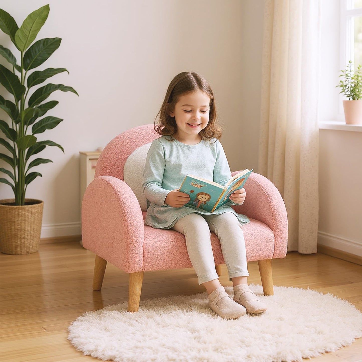 Costzon Kids Sofa, Children Pink Armchair with Solid Wood Frames, Plush Fabric, Anti-Tip Design, Floor Reading Sofa Chair for Playroom, Kids Room, Nursery, Toddler Couch Chair Comfy for Boys Girls