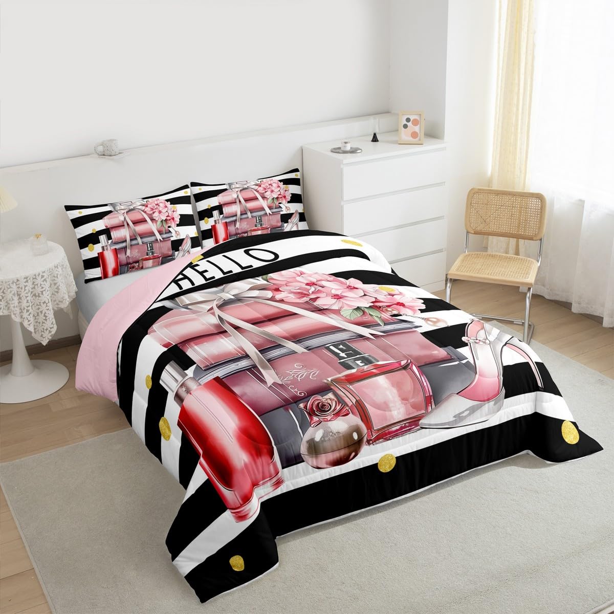 Erosebridal Black and Pink Comforter King Size Fashion Black White Girly Bedding Set for Girl Women Modern Flower Floral Perfume Striped Duvet Insert High Heels Magazine Books Bed Sets