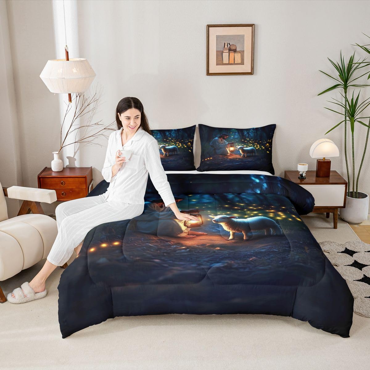 Manfei Western Girls Bedding Set Twin Size,Serenity Prayer Lost Lamb Comforter Set,Inspirational Bible Verse Quilt Comforter Girls Boys Teens,Dark Blue Room Decor All Season,1 Pillowcase