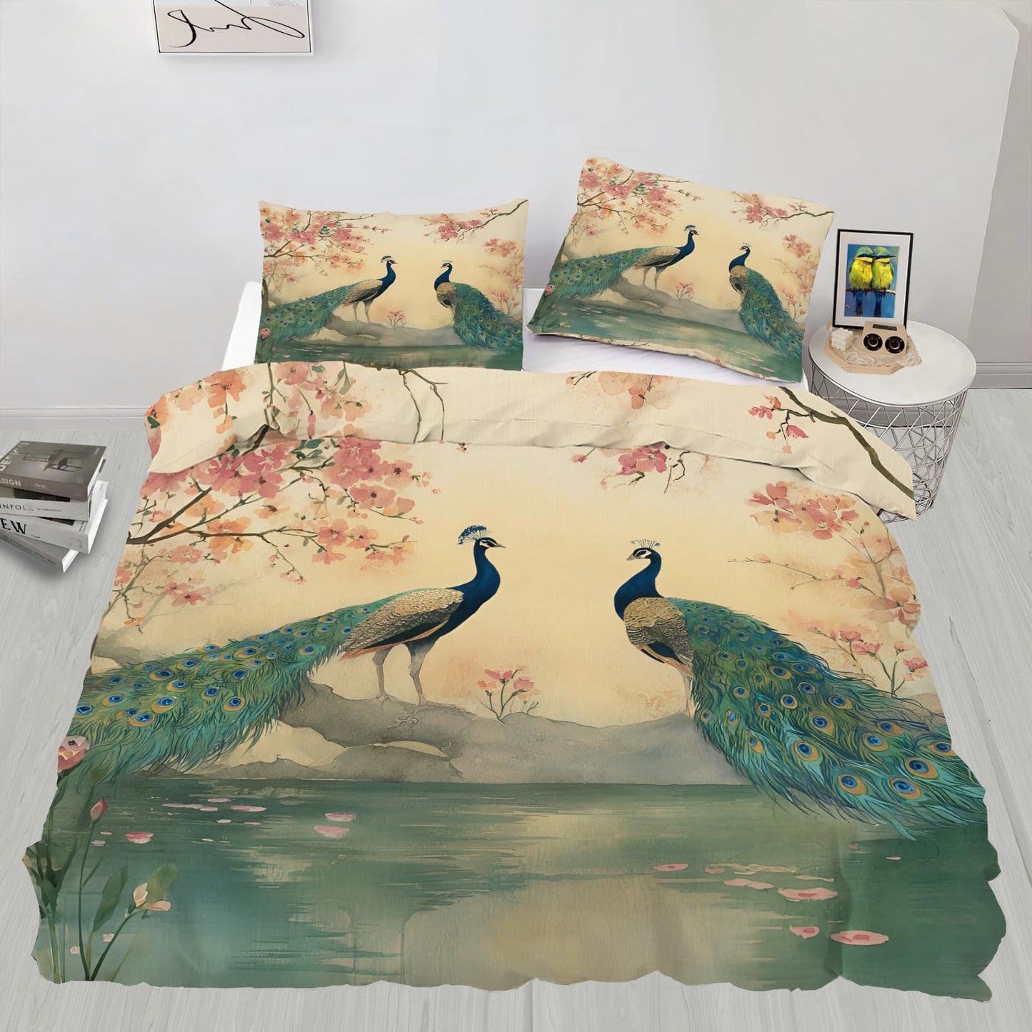 Peacock Duvet Cover Twin Size, Retro Bird Animal Comforter Cover 68" x 90", Oriental Floral Bedding Set with 2 Pillowcases
