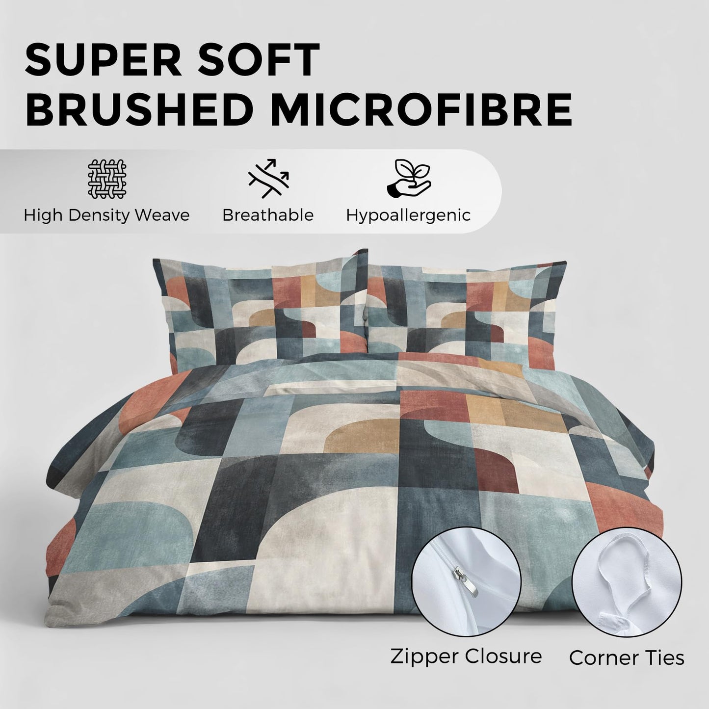 Mid Century Modern Duvet Cover Twin Size, MCM Geo Bedding Set 2 pcs with 1 Pillow Cover, Abstract Geometry Bedroom Decor, Soft Microfiber Reversible, Zipper & Ties KJJT 108