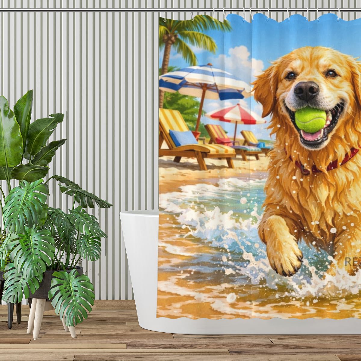 REZHOCH Fun Beach Dog Shower Curtain 72x72Inch, Cute Golden Retriever on Sunny Ocean Beach,Coastal Home Bathroom Decor,Summer Seaside Animal Art Waterproof Fabric Bath Set with Hooks