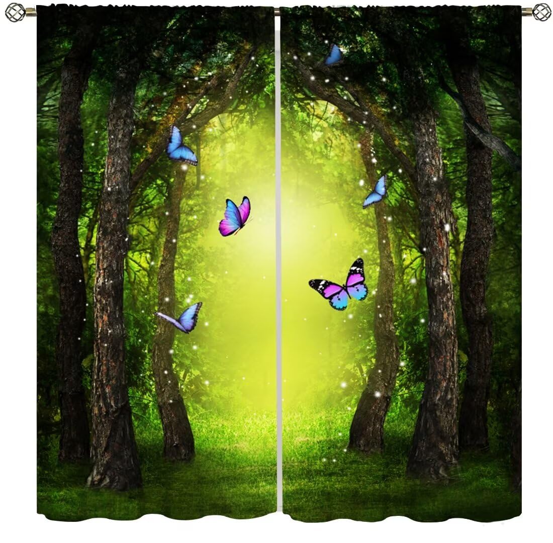 DDCBNS Fantasy Nature Curtains,Fairytale Woodland Magical Forest Décor Curtains for Bedroom Living Room Green Landscape Butterfly Print Drapes 2 Panels Set,Total Size 42 x 45 Inch