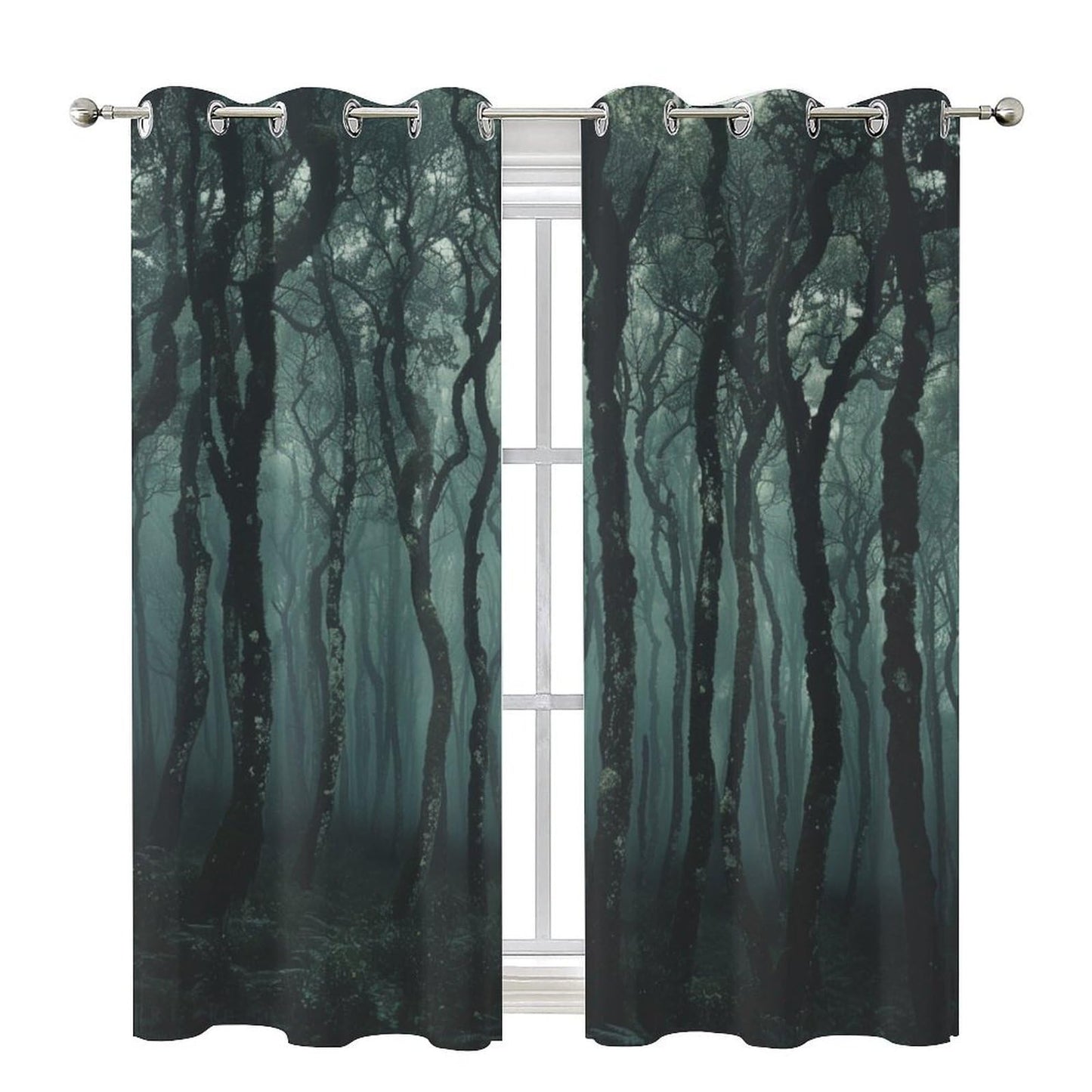 TOWINSFB Tree Forest Green Blackout Curtains for Bedroom/Living Room, Foggy Jungle Trunks Grommet Curtains Thermal Insulated Window Drapes, 2 Panels, Each 21W x 45L