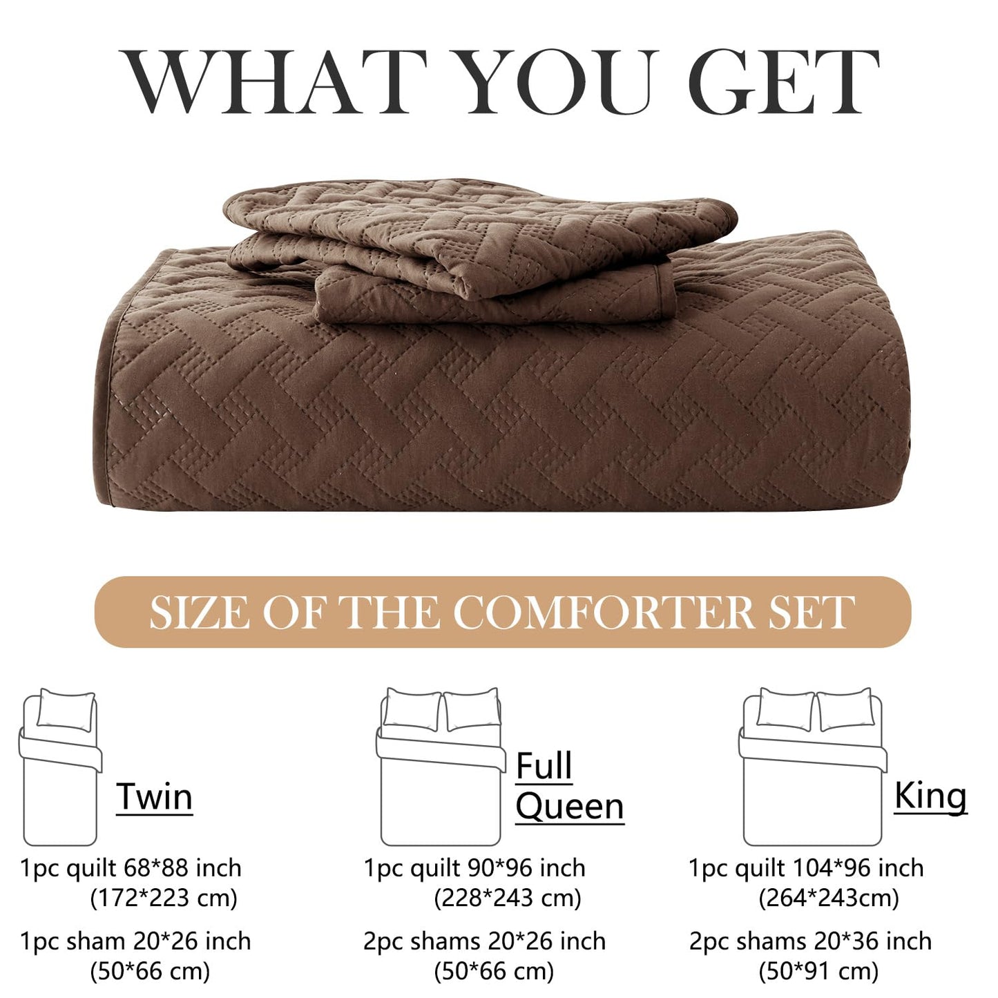 U-NICE HOME 3-Piece Quilt Set Full/Queen Size for All Season with Pillow Shams, Reversible Bedspread/Coverlet/Bedding Decor-Soft, Lightweight, Chocolate