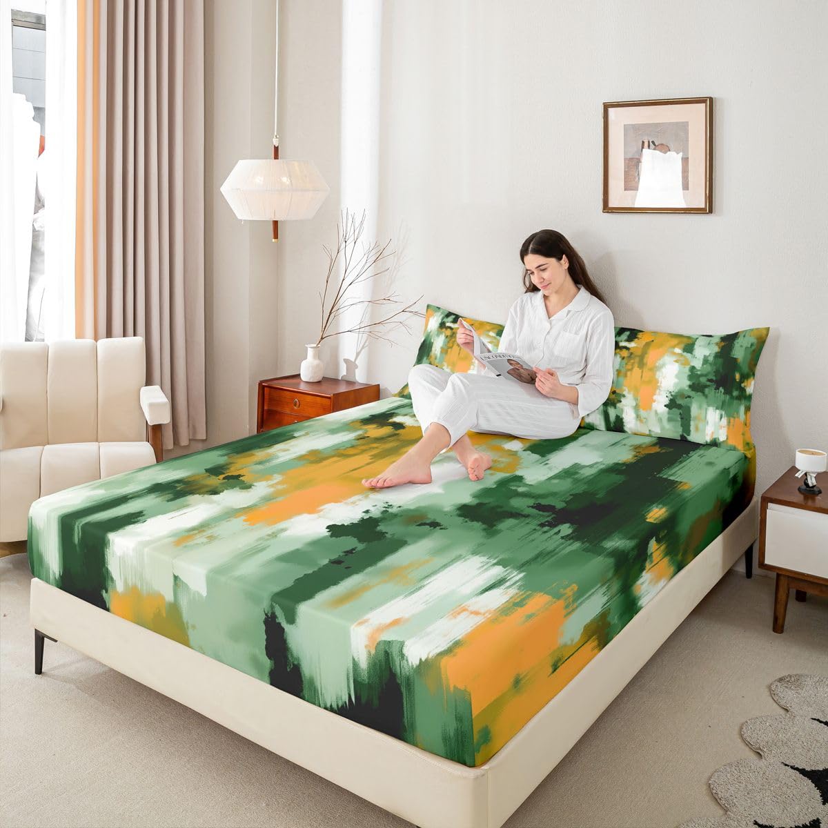 Feelyou Modern Abstract Fitted Sheet Queen Size for Kids Boys Girls Abstract Bed Sheets Set 16" Deep Pocket Soft Breathable Microfiber Green Yellow Bedding with 2 Pillowcases Room Decor