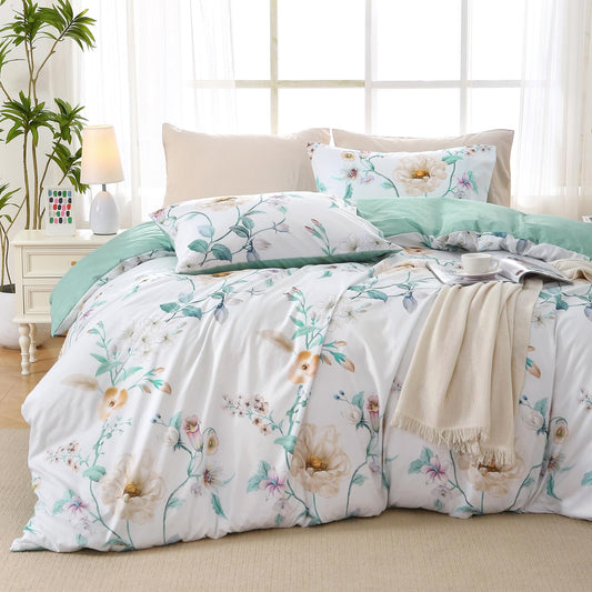 MUXHOMO Duvet Cover Queen Size, Reversible Floral Vintage Duvet Cover Set with Zipper Closure, 3 Pieces Botanical Patterns Soft Microfiber Bedding Set (90"x90", 2 Pillow Cases, Colorful Green Branch)