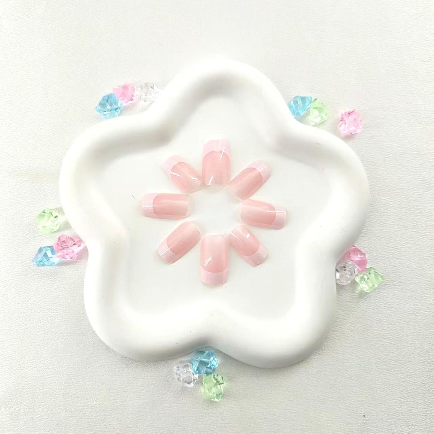 Medium Press on Nails Square White French Tip False Nails with Glitter Design Cute Fake Nails Light Pink Full Cover Nails Press ons Glossy Glue on Nails for Girls and Women 24Pcs