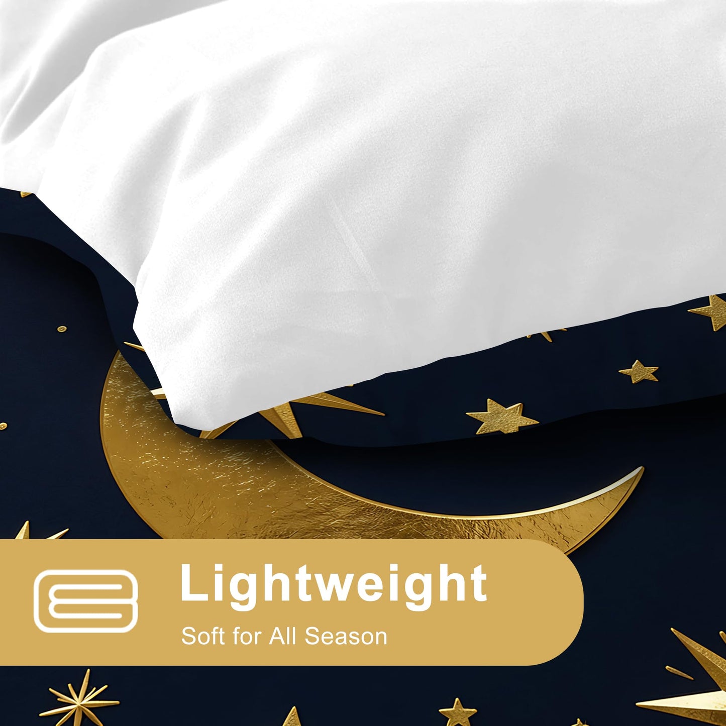VTKON Gold Moon and Stars Bedding Set, Luxury Celestial Night Sky Comforter Set, Gold Starry Print Bed Set for Girls Bedroom Decor (Queen Size 3Pcs with 2 Pillow Cases)