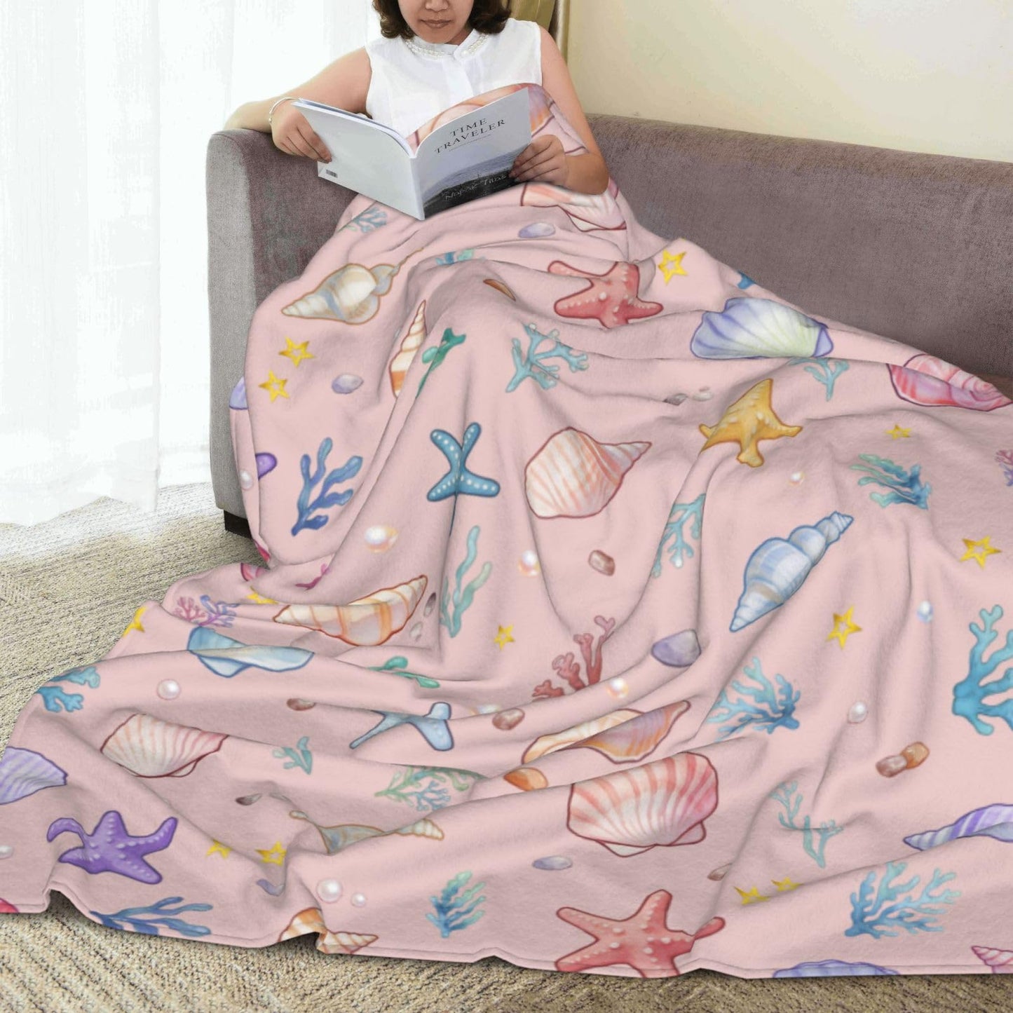 Summer Shell Starfish Beach Throw Blanket 50"x40" Cozy Fluffy Plush Seashell Blankets Soft Pink Ocean Blanket for Girls Women Gift Sofa Bed Couch