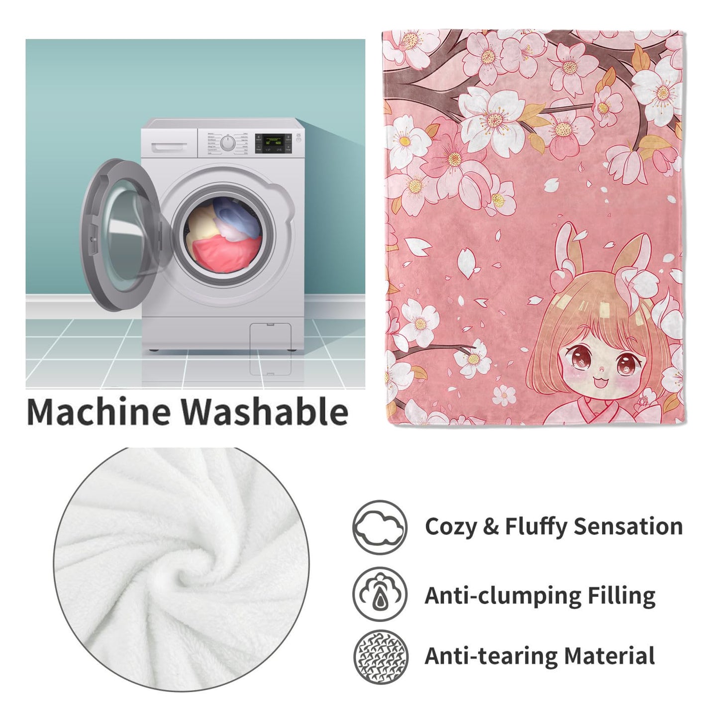 VANZEV Cherry Blossoms and Cute Anime Girl Flannel Blanket,Pink Floral Soft Lightweight Throw Blankets Gifts for Girls Anime Fans,50" x 60" Perfect for Couch Bed Home Travel Decor