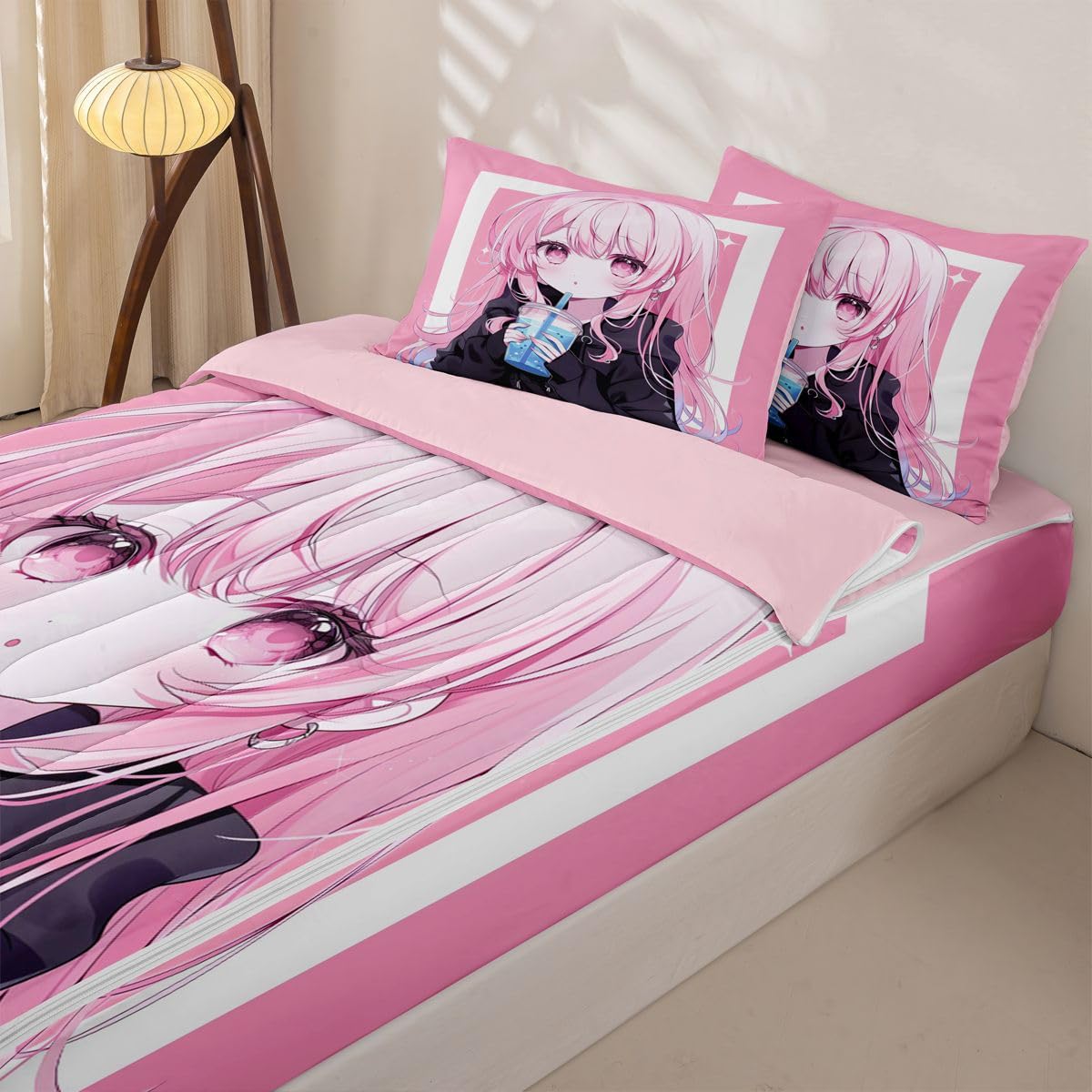 Erosebridal Kawaii Japanese Style Kids Comforter Set with Zipper, Anime Girl Drinking Milk Tea Twin Size Zipper Bedding Set, Japanese Animation Bed-in-A-Bag