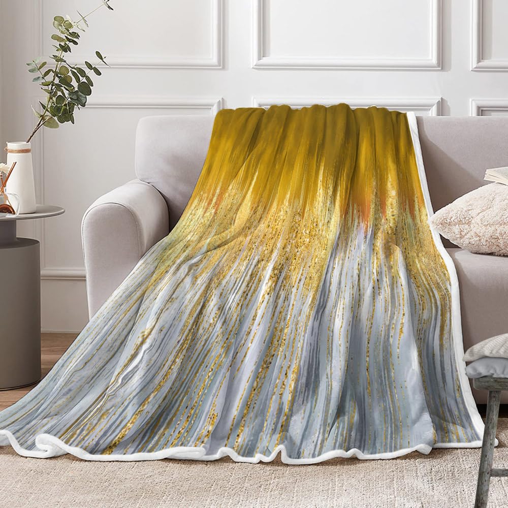 JAWO Golden Fleece Throw Blanket - Gold Yellow Abstract Stripes Sherpa for Boys Teens Decor - Geometric Plush Dark Emerald Modern Fuzzy for Home Sofas Couches Beds 50x60