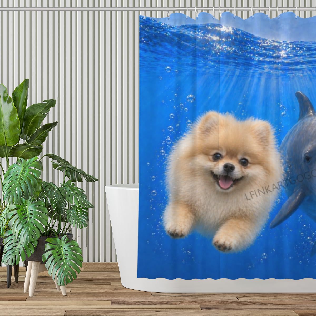 LFINKARTGOGO Ocean Pomeranian Shower Curtain 72x72 with 12 Hooks Underwater Animal Dolphin Waterproof Washable Polyester Bath Curtain for Home Hotel Decor