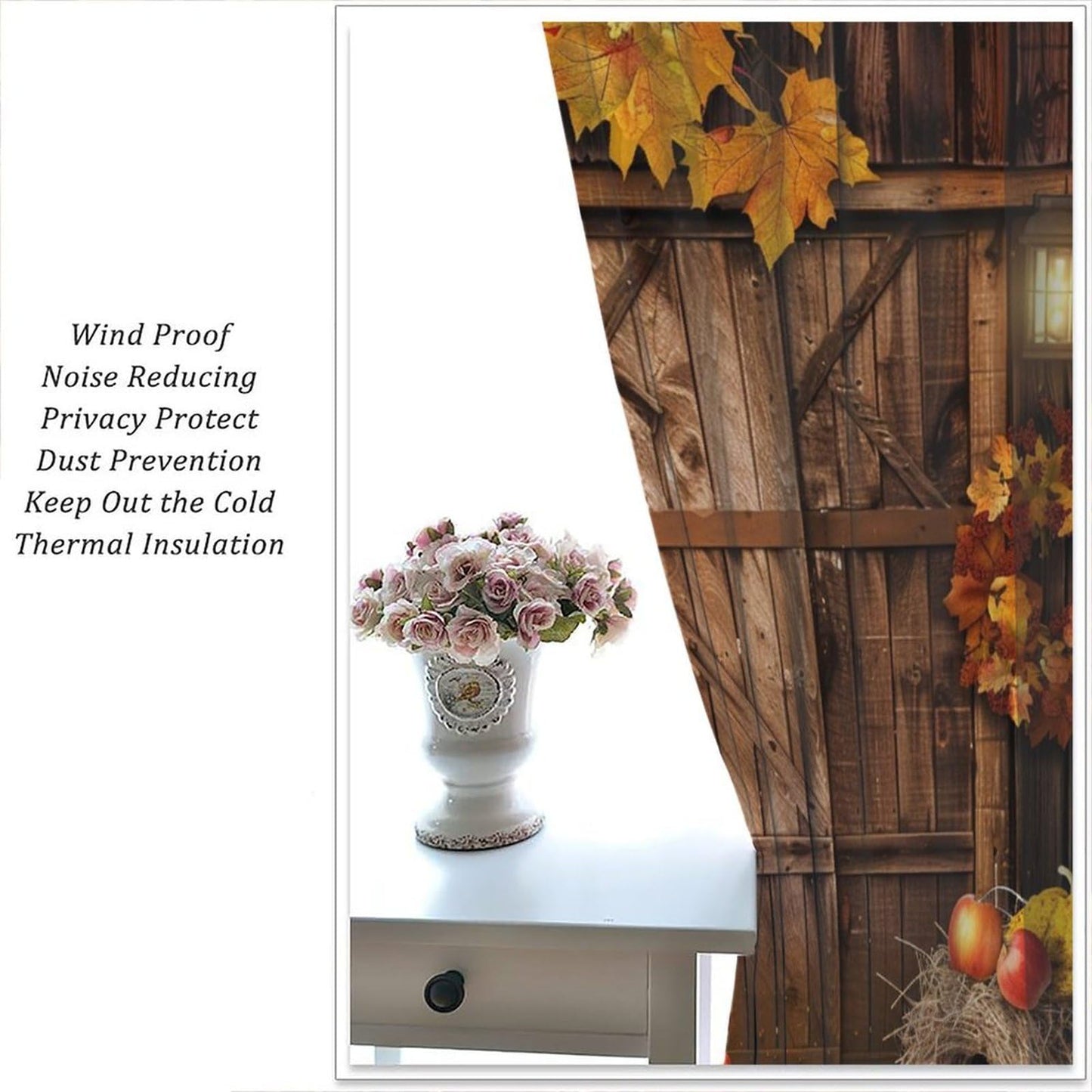 Nanacur Thanksgiving Curtains, Fall Rustic Vintage Farmhouse Barn Wooden Door Print Rod Pocket Window Treatments Drapes for Kitchen Bedroom Living Room 41" W X 45" L (No Blackout)