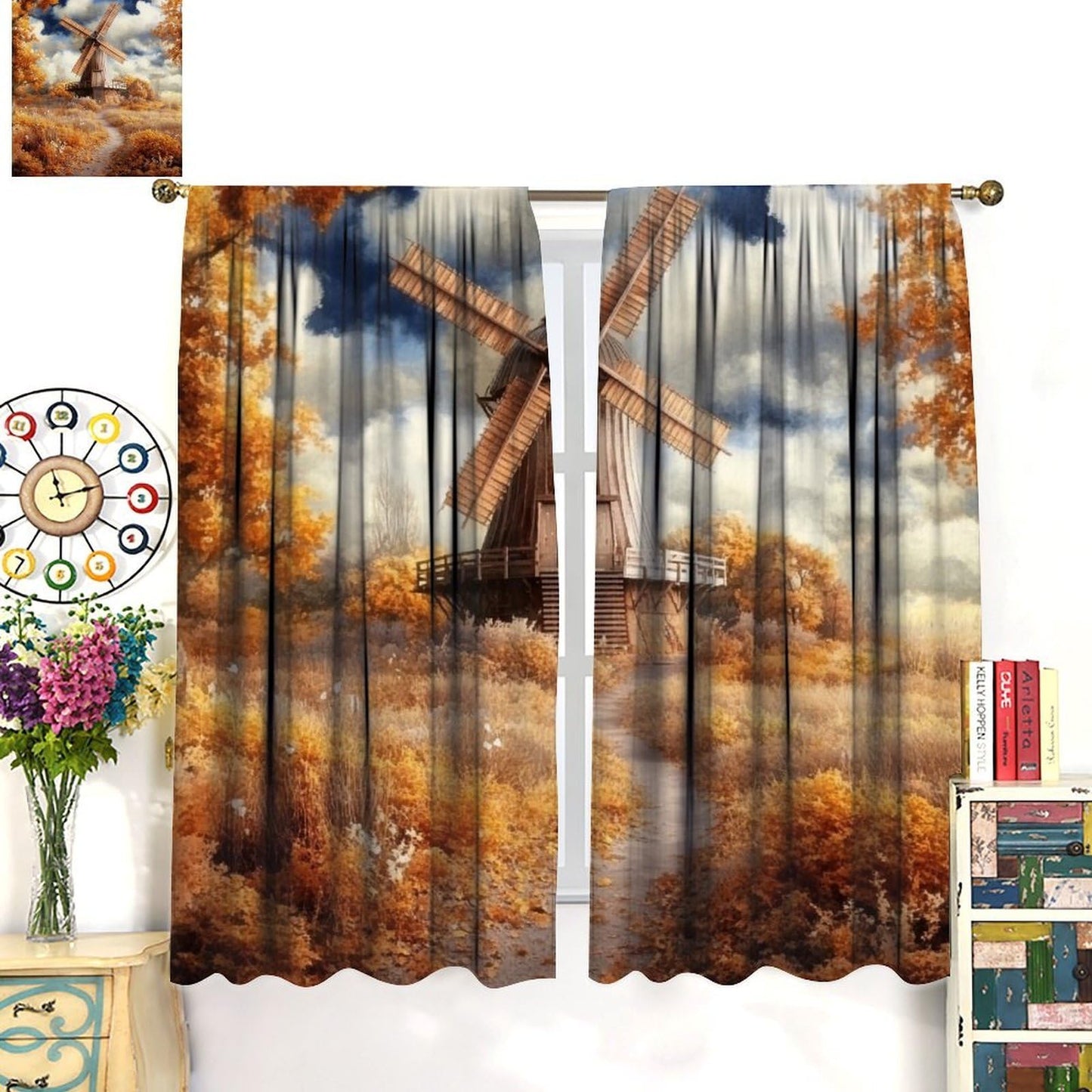 WDHTEXT Rustic Windmill Scenery Blackout Curtains, Thermal Insulated Path Tree Rod Pocket Window Drapes for Living Room Bedroom Decor, 2 Panels, Each 21W x 45L
