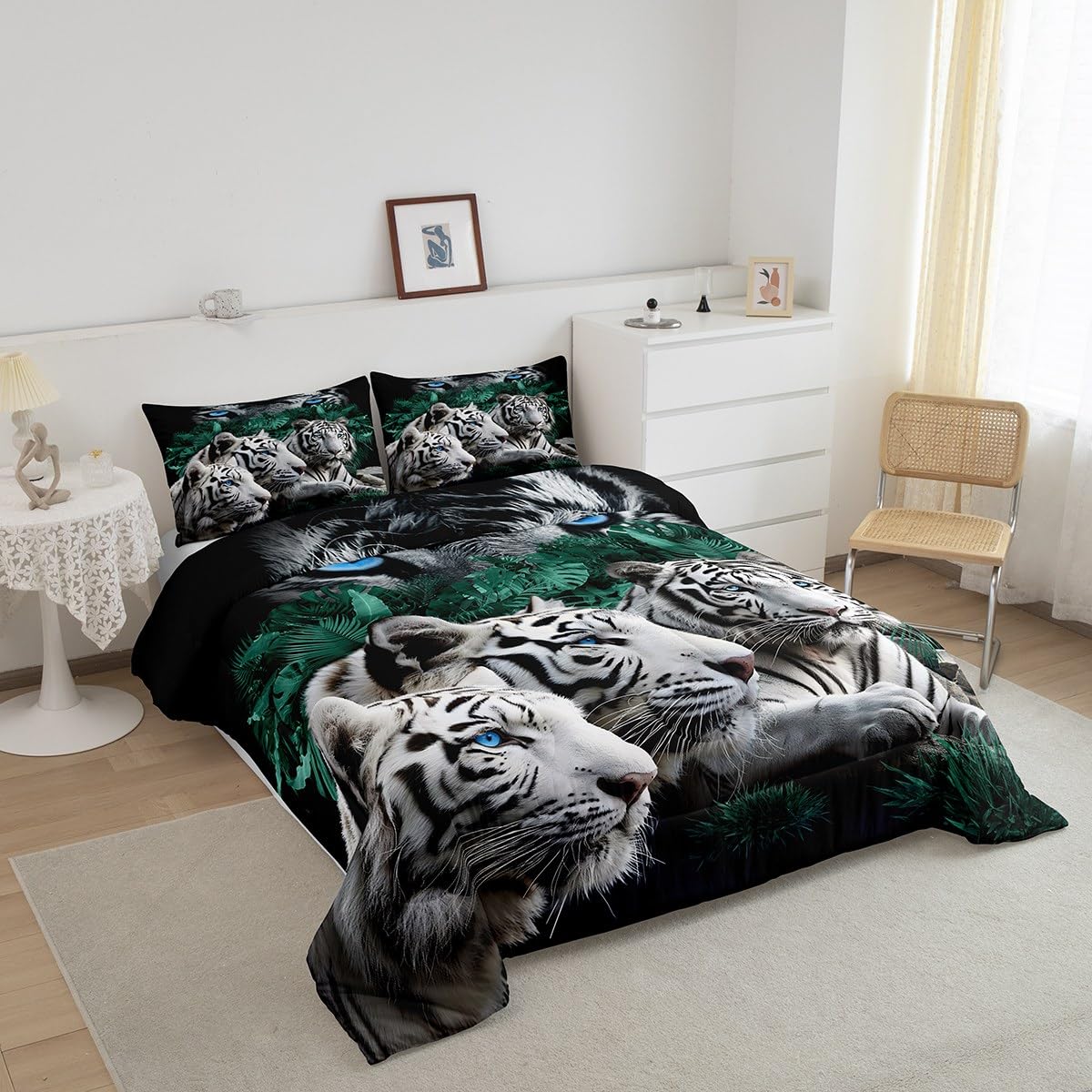Feelyou Tiger Bedding Set Wild Animal Theme Pattern Comforter Set for Kids Adults Safari Cats Comforter Soft Wildlife White Tiger Decor Quilt Set Twin Size
