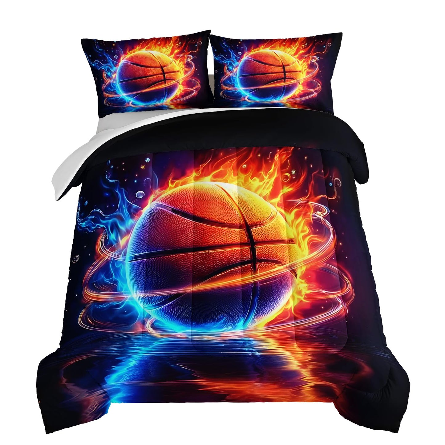 HOSIMA Twin Bedding Sets for Kids,Basketball Wrapped in Red Blue Flames,Cool Extreme Sports Bedding for Teens Boys Room Decor,Soft Lightweight Basketball Comforter with 2 Pillowcases.