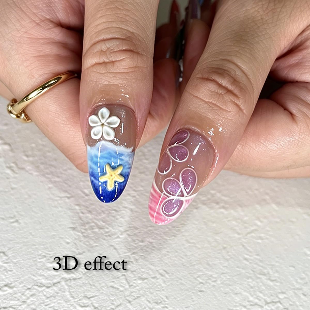 3D Press On Nails Almond Medium Fake Nails with Cat's Eye Embossed Marine Life&Floral French Designs, Acrylic Artificial Nail Press ons False Stick On Nails for Women Girls 30Pcs