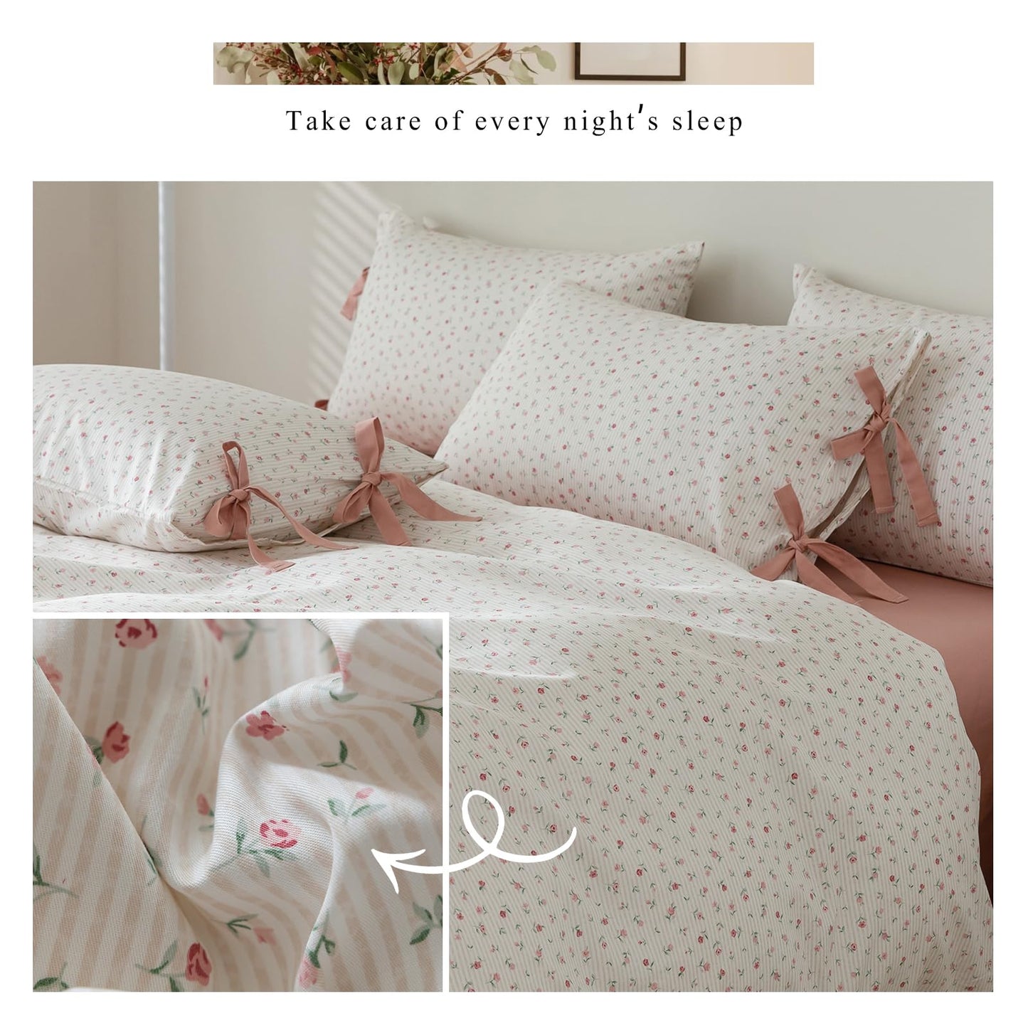 mixinni Soft Aesthetic Floral Print White Duvet Cover Pink Rose Pattern Girls Striped Bedding 1 Duvet Cover 2 Bow Tie Pillowcases Twin Size 100% Cotton with Zipper Ties for Teenage Girls