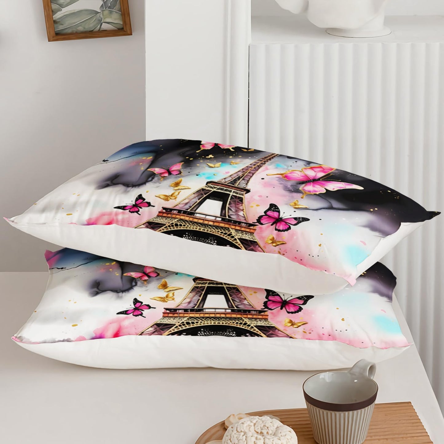 QOOMO Eiffel Tower Kids Full Comforter Set 3Pcs Pink Butterfly Bedding Set for Girls Boys Black and White Paris Printed Comforter with 2 Pillowcases Lightweight Microfiber for All Seasons