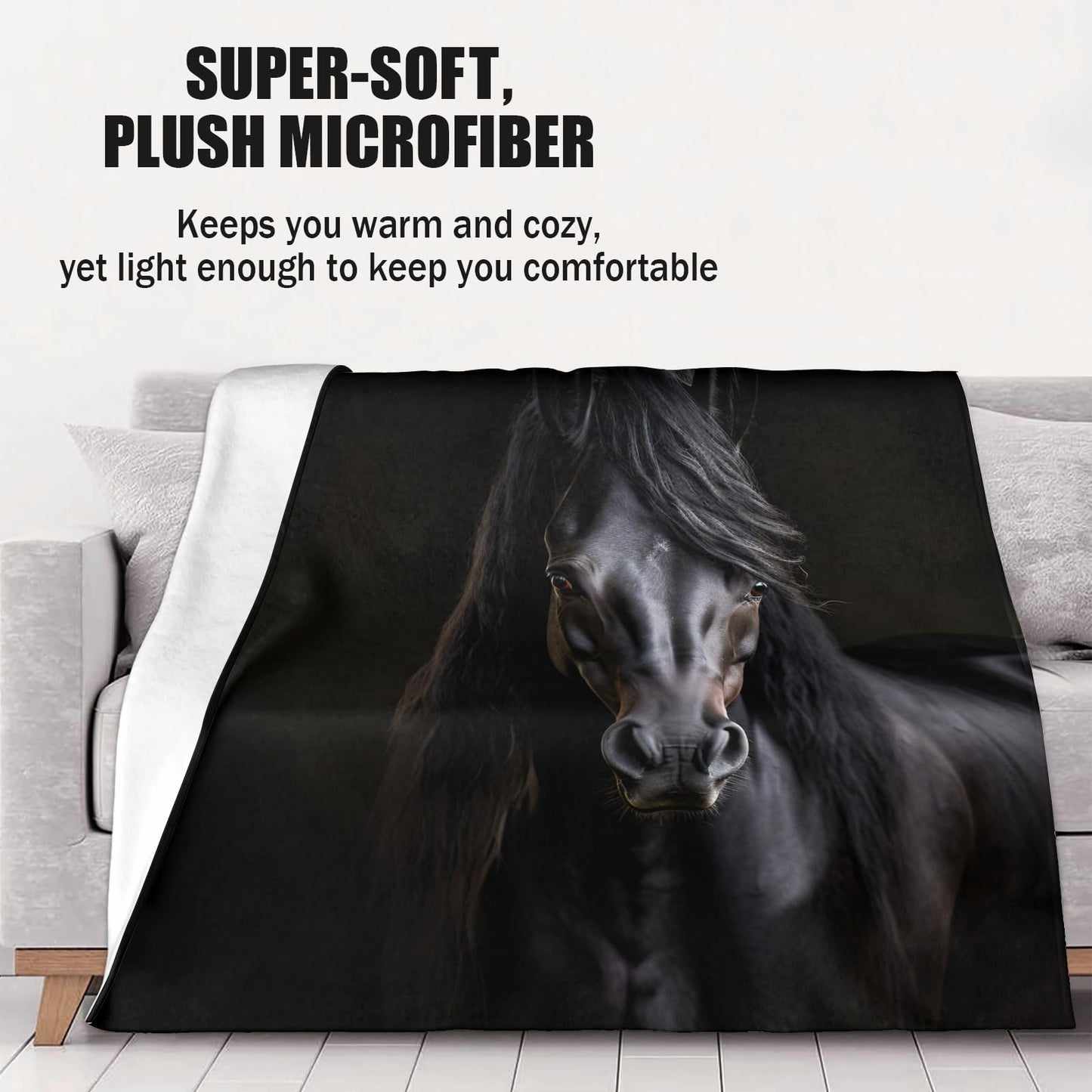 PAOABIU Horse Blankets, Black Horse Throw Blanket for Couch Bed Sofa, Farmhouse Animals Blankets and Throws - Super Soft Cozy Plush Flannel Blanket Gifts & Decor, 66x90